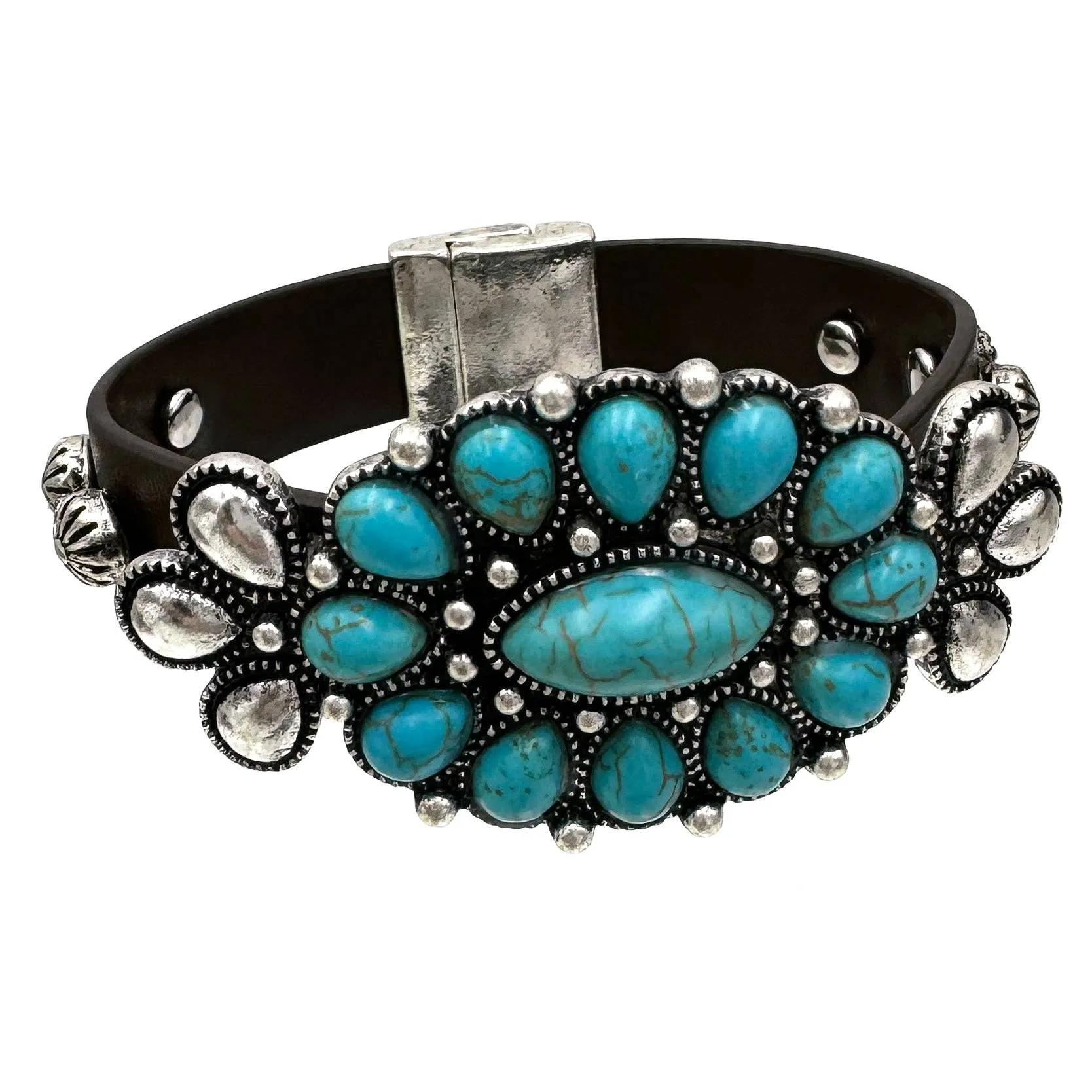 Flower Concho Turquoise Stud Leather Band Bracelet