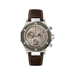 Gc Men's Chronograph Watch With Grey Dial & Brown Leather Strap