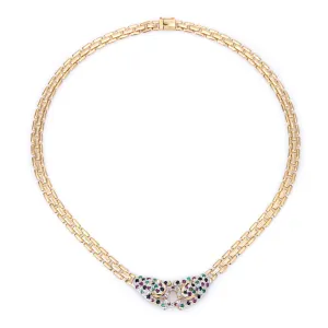 Gemstone Double Leopard Necklace Vintage 14k Gold 15" Choker Fine Animal Jewelry