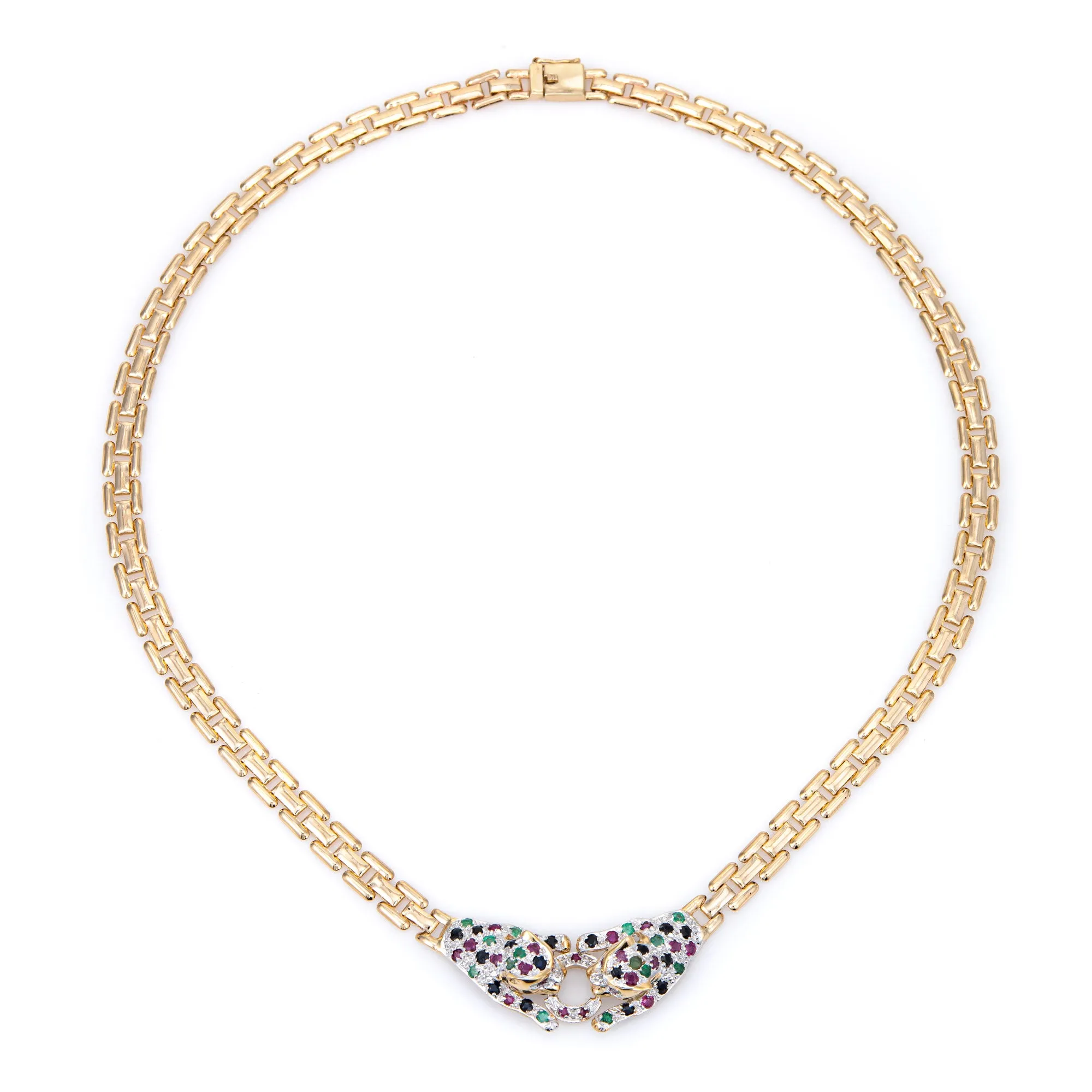 Gemstone Double Leopard Necklace Vintage 14k Gold 15" Choker Fine Animal Jewelry