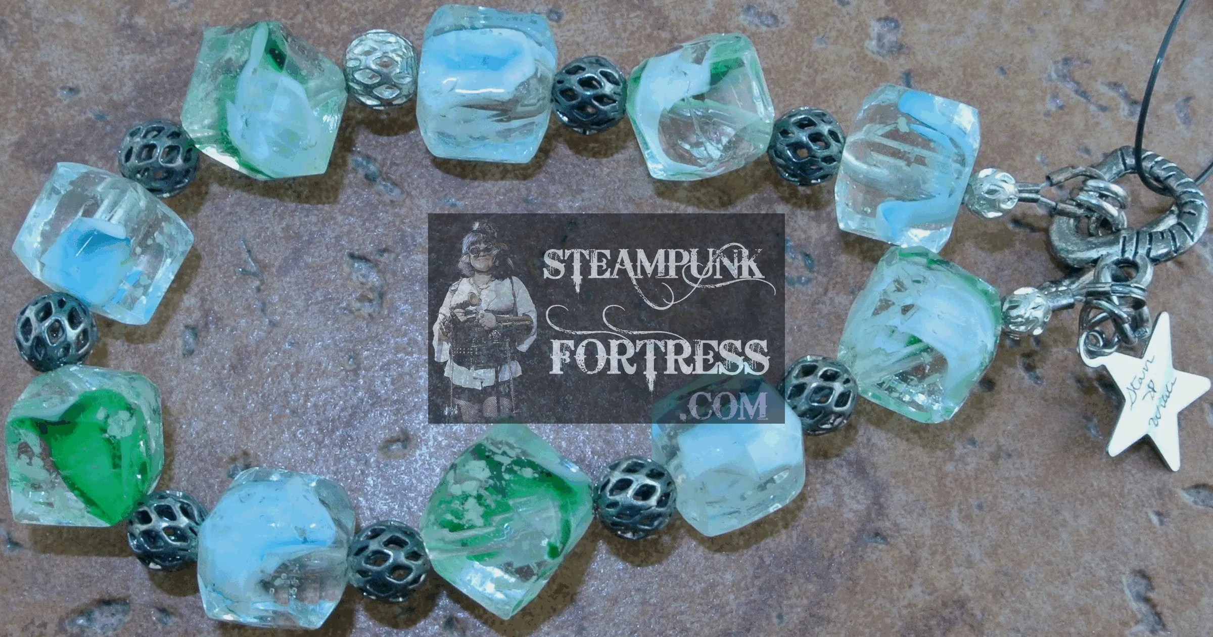 GLOW IN THE DARK GREEN CLEAR BEADS SILVER FILIGREE BRACELET STARR WILDE STEAMPUNK FORTRESS