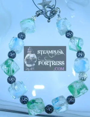 GLOW IN THE DARK GREEN CLEAR BEADS SILVER FILIGREE BRACELET STARR WILDE STEAMPUNK FORTRESS