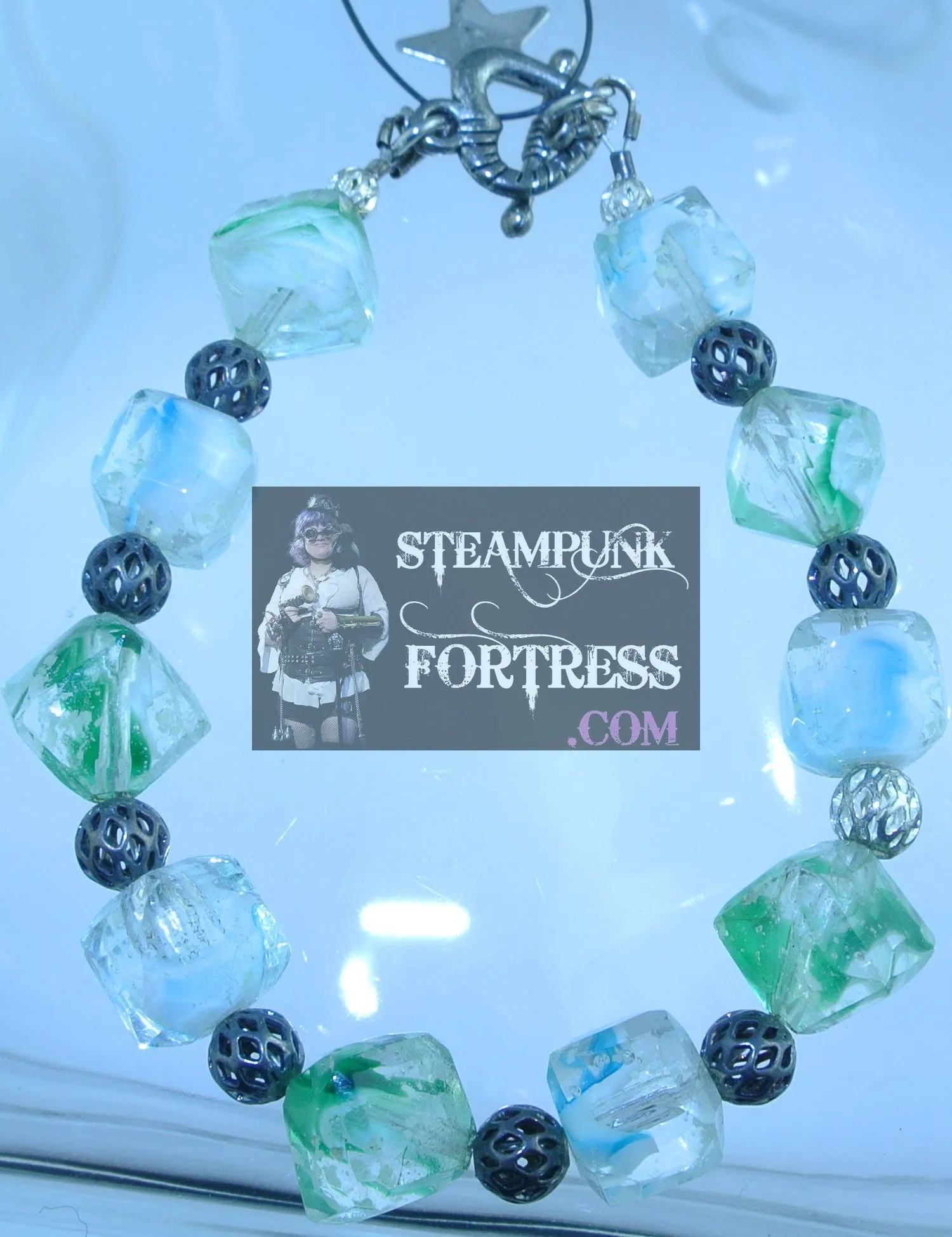 GLOW IN THE DARK GREEN CLEAR BEADS SILVER FILIGREE BRACELET STARR WILDE STEAMPUNK FORTRESS