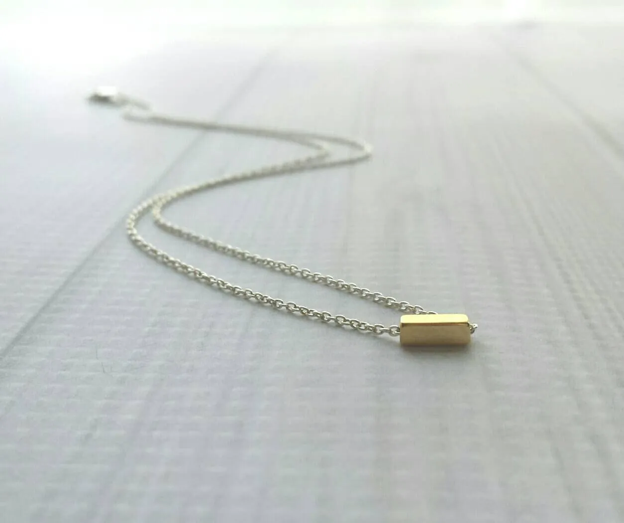 Gold Bar Necklace, .925 sterling silver chain, square tube necklace, gold line necklace, simple minimalist necklace, gold rectangle bead