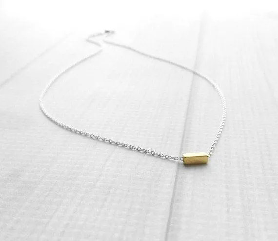 Gold Bar Necklace, .925 sterling silver chain, square tube necklace, gold line necklace, simple minimalist necklace, gold rectangle bead