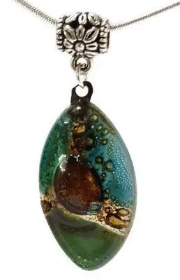 Green, teal and Brown Fused Glass leaf Pendant. Recycled Glass Necklace