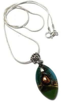 Green, teal and Brown Fused Glass leaf Pendant. Recycled Glass Necklace