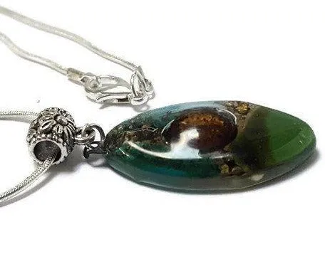 Green, teal and Brown Fused Glass leaf Pendant. Recycled Glass Necklace
