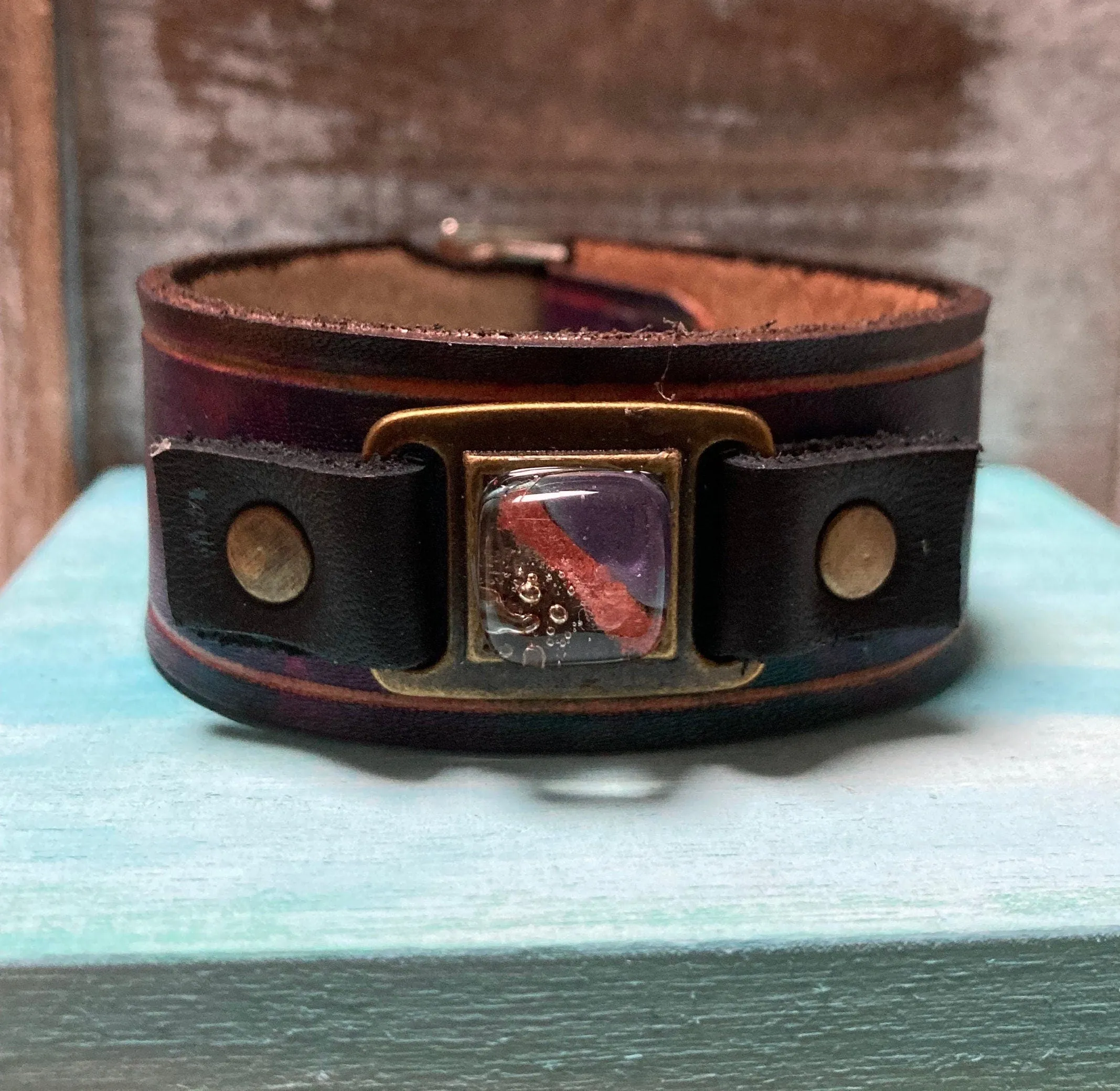 Handmade dyed color leather cuff. Recycled fused glass bracelet. Hand painted natural leather.