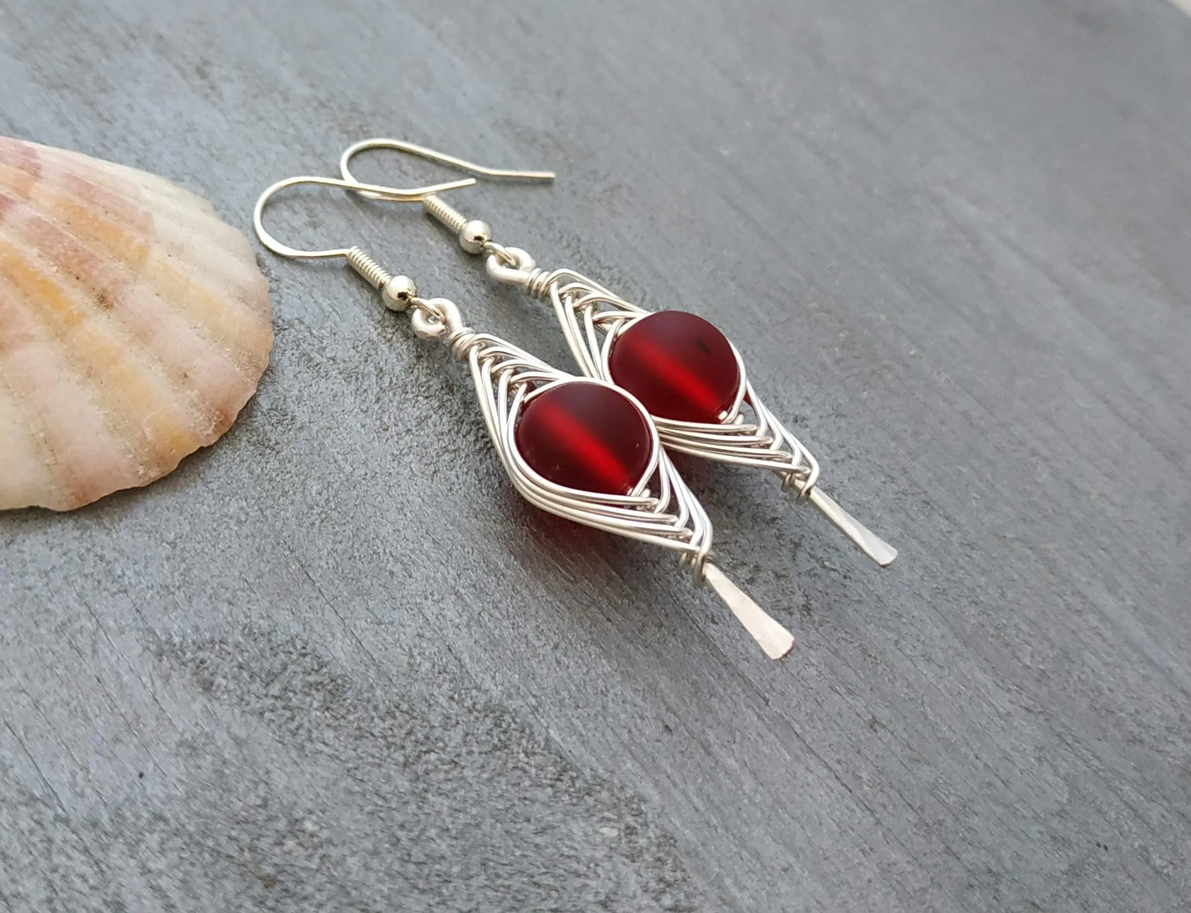 Hawaiian Jewelry Sea Glass Earrings, Double Braided Red Earrings, Sea Glass Jewelry Beach Jewelry Birthday Gift (January Birthstone Jewelry)