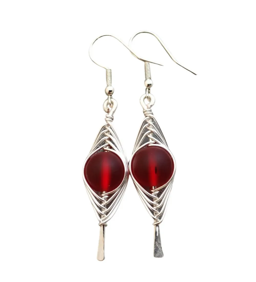 Hawaiian Jewelry Sea Glass Earrings, Double Braided Red Earrings, Sea Glass Jewelry Beach Jewelry Birthday Gift (January Birthstone Jewelry)