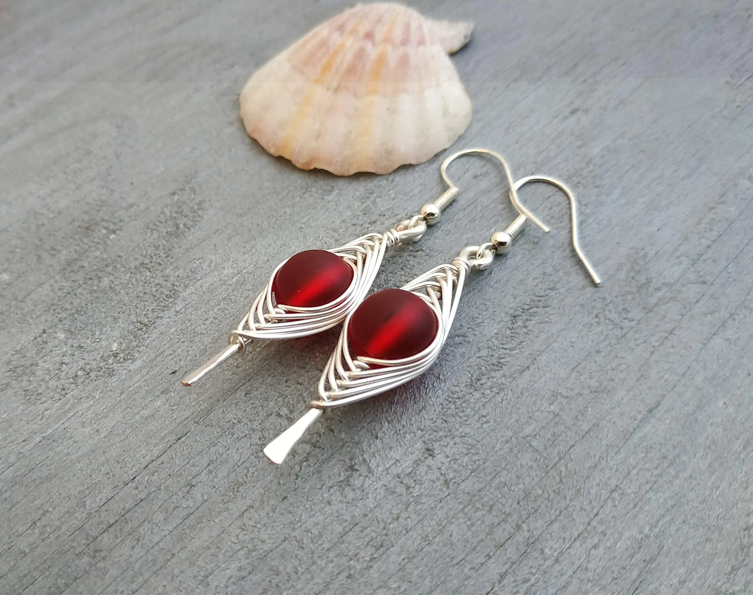 Hawaiian Jewelry Sea Glass Earrings, Double Braided Red Earrings, Sea Glass Jewelry Beach Jewelry Birthday Gift (January Birthstone Jewelry)