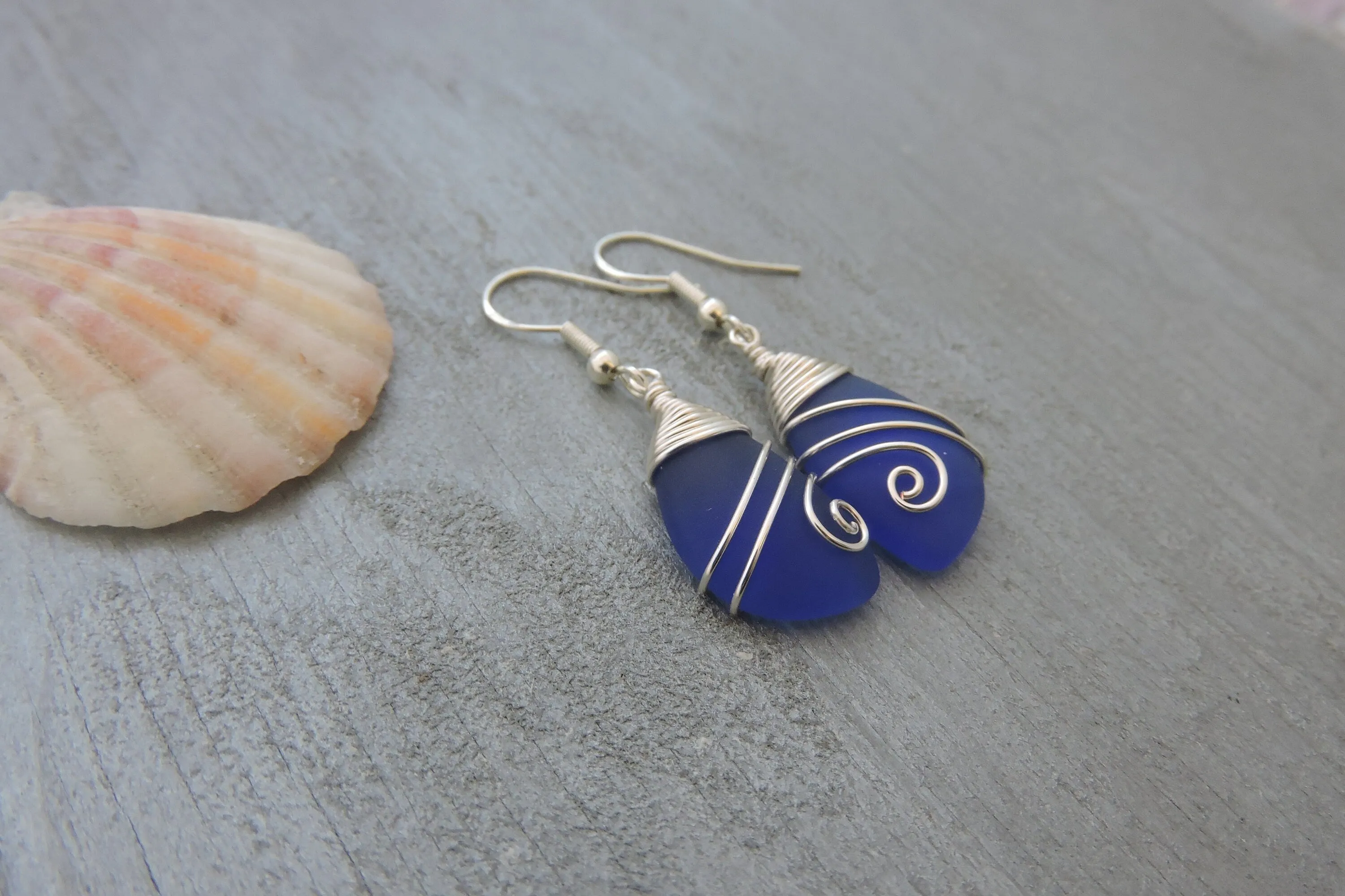 Hawaiian Jewelry Sea Glass Earrings, Top Wire Cobalt Blue Earrings, Fun Beach Jewelry For Women Birthday Gift (September Birthstone Jewelry)