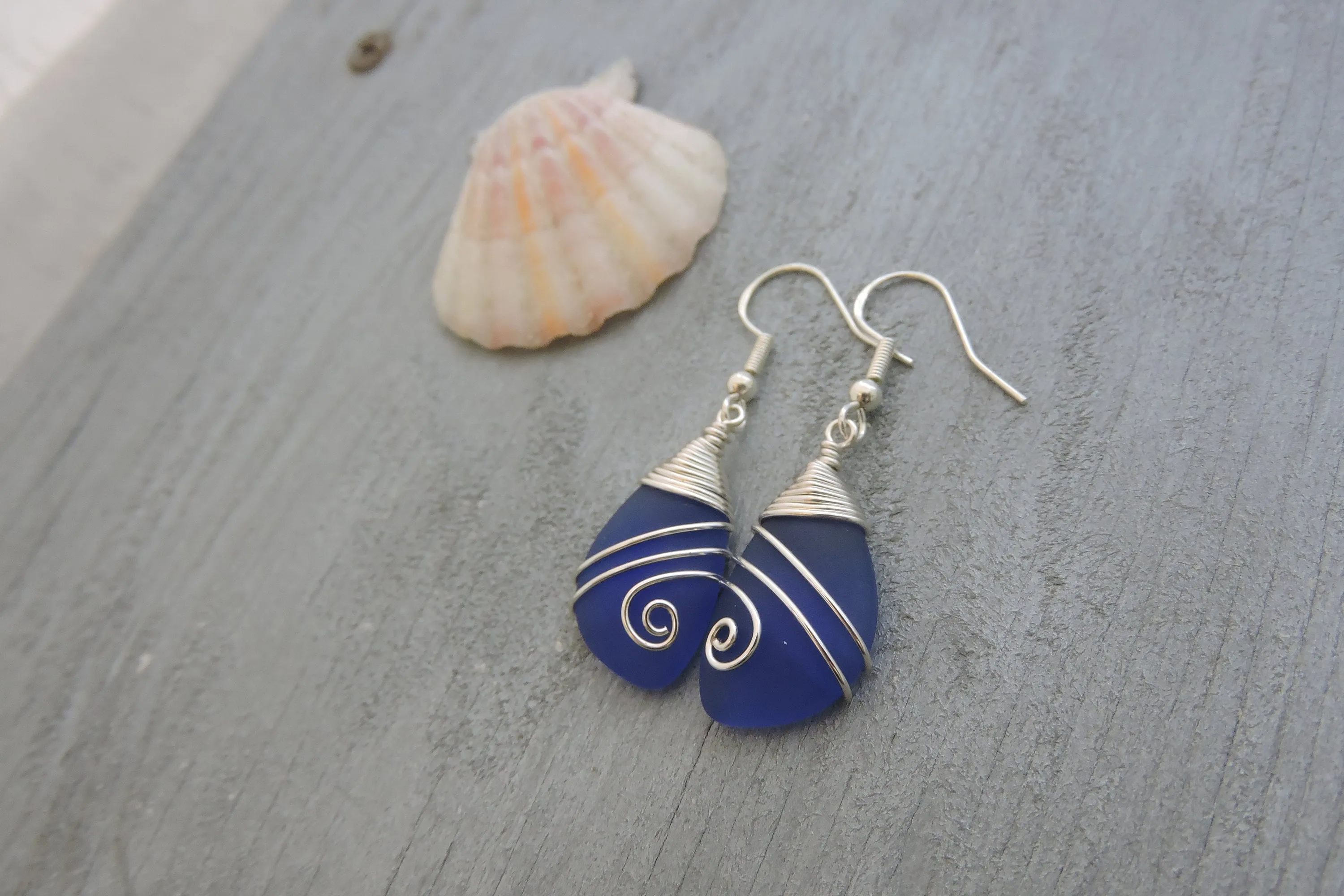 Hawaiian Jewelry Sea Glass Earrings, Top Wire Cobalt Blue Earrings, Fun Beach Jewelry For Women Birthday Gift (September Birthstone Jewelry)