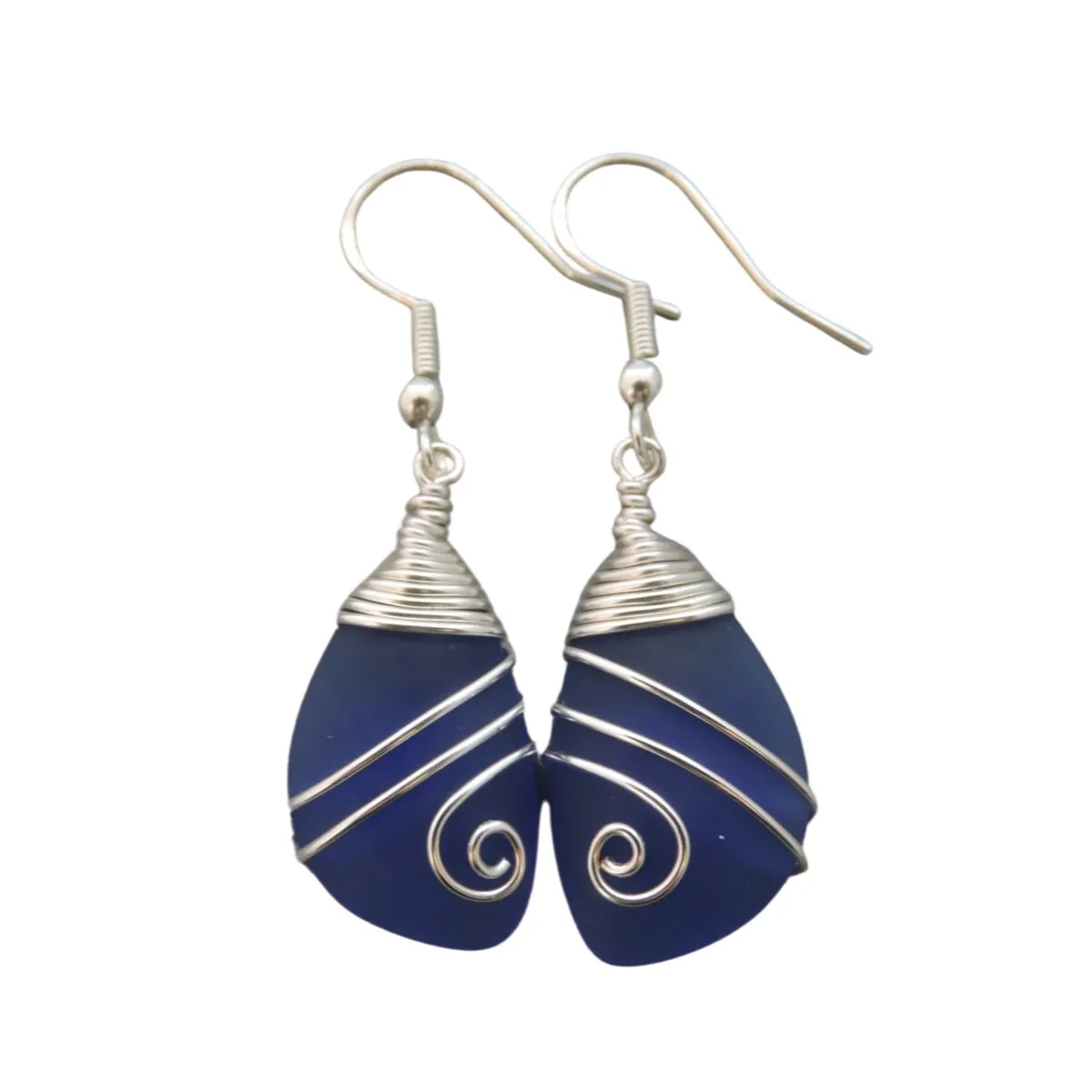 Hawaiian Jewelry Sea Glass Earrings, Top Wire Cobalt Blue Earrings, Fun Beach Jewelry For Women Birthday Gift (September Birthstone Jewelry)
