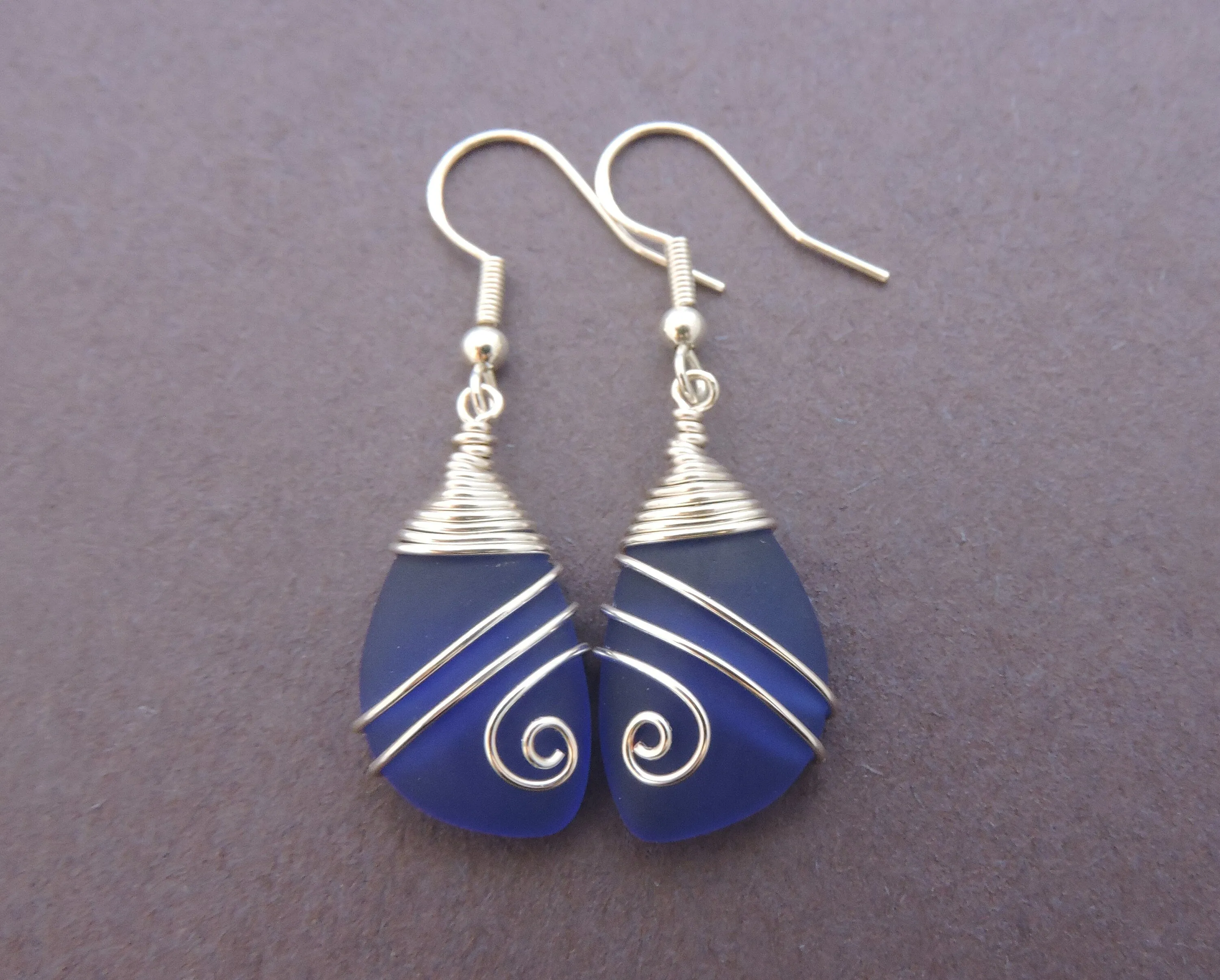 Hawaiian Jewelry Sea Glass Earrings, Top Wire Cobalt Blue Earrings, Fun Beach Jewelry For Women Birthday Gift (September Birthstone Jewelry)