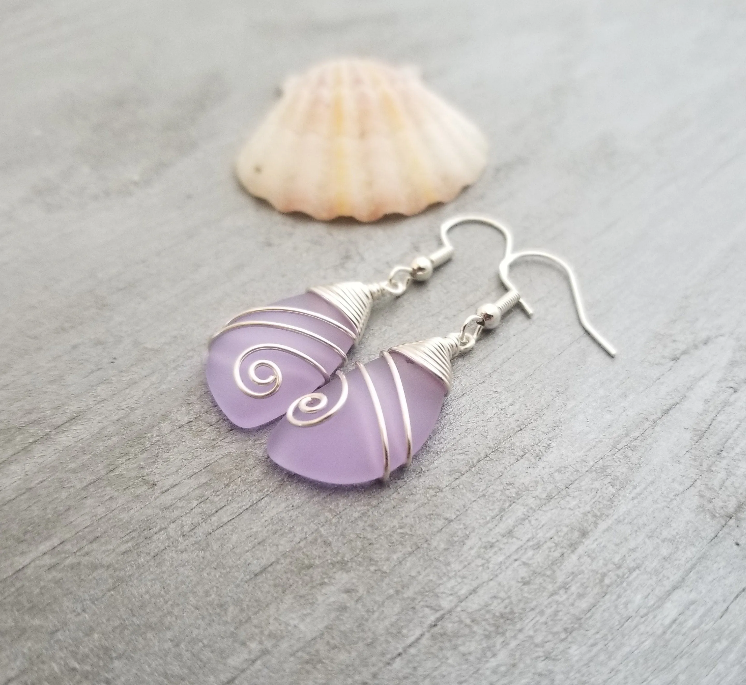 Hawaiian Jewelry Sea Glass Earrings, Top Wire Purple Earrings, Sea Glass Jewelry Beach Jewelry  Birthday Gift  (February Birthstone Jewelry)