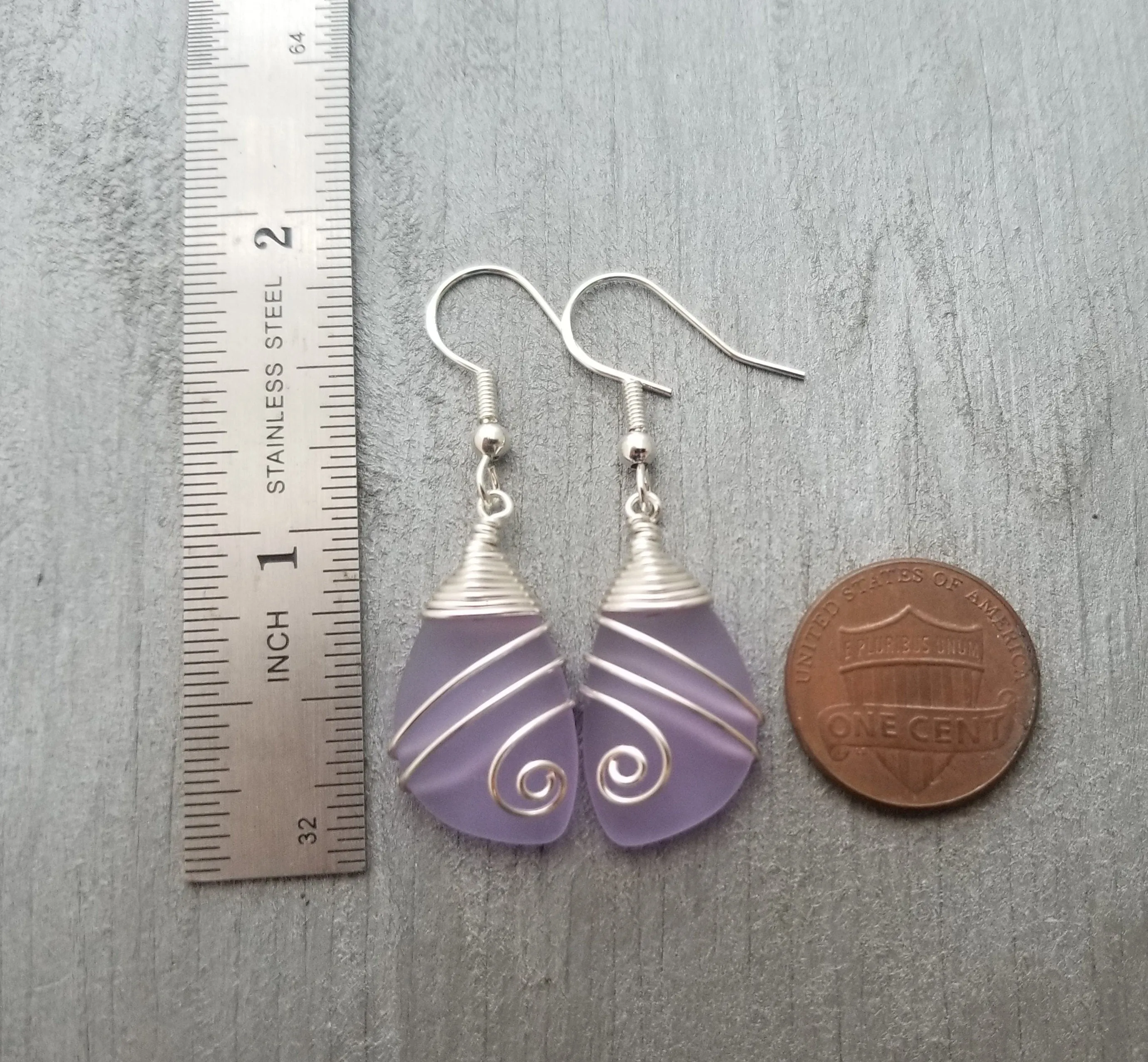 Hawaiian Jewelry Sea Glass Earrings, Top Wire Purple Earrings, Sea Glass Jewelry Beach Jewelry  Birthday Gift  (February Birthstone Jewelry)