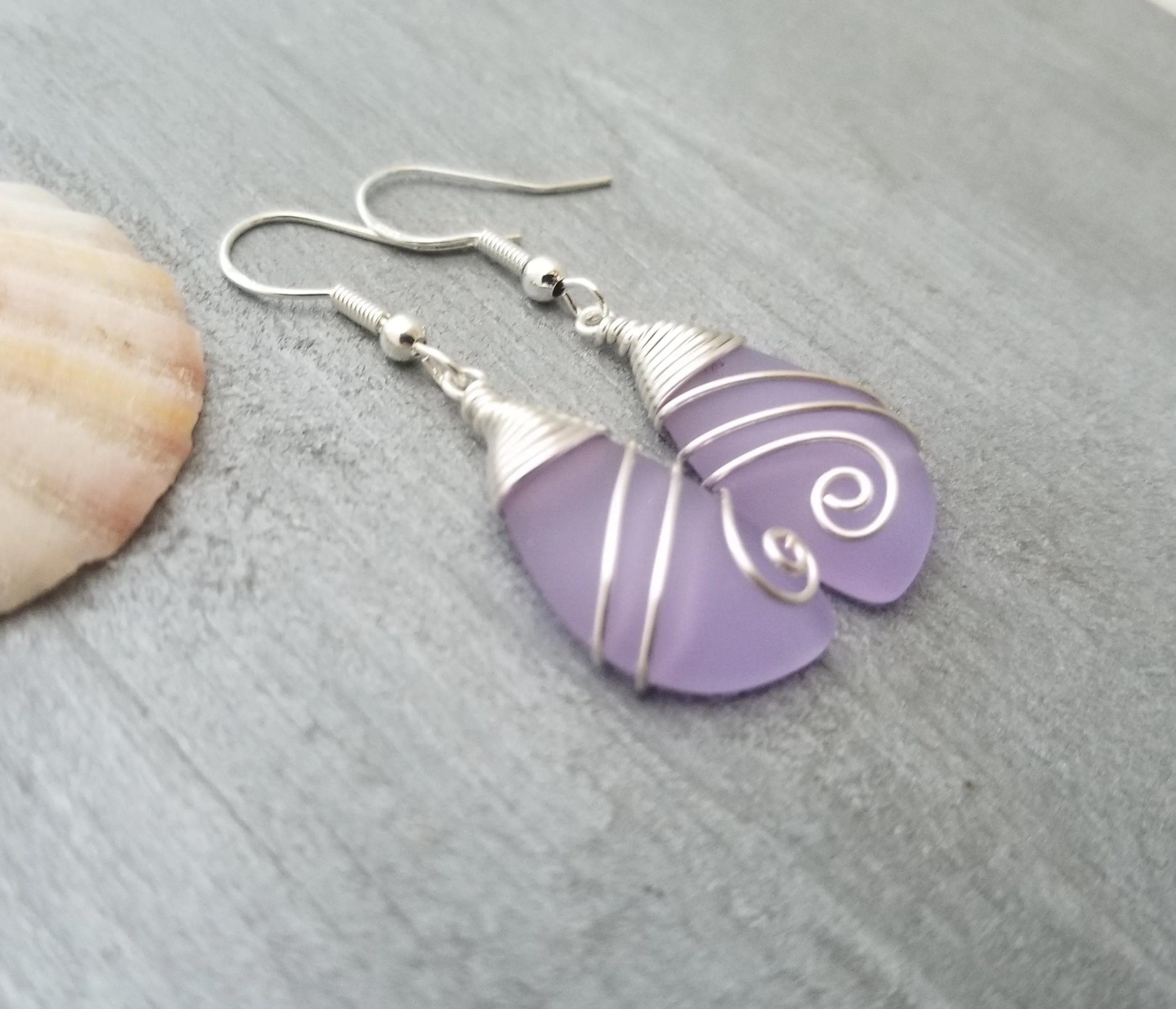 Hawaiian Jewelry Sea Glass Earrings, Top Wire Purple Earrings, Sea Glass Jewelry Beach Jewelry  Birthday Gift  (February Birthstone Jewelry)
