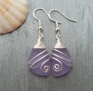 Hawaiian Jewelry Sea Glass Earrings, Top Wire Purple Earrings, Sea Glass Jewelry Beach Jewelry  Birthday Gift  (February Birthstone Jewelry)