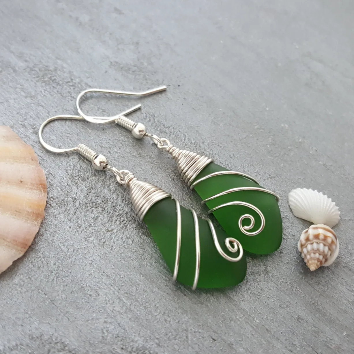 Hawaiian Jewelry Sea Glass Earrings, Wire Emerald Earrings Green Earrings, Sea Glass Jewelry Beach Jewelry(May Birthstone Jewelry For Women)