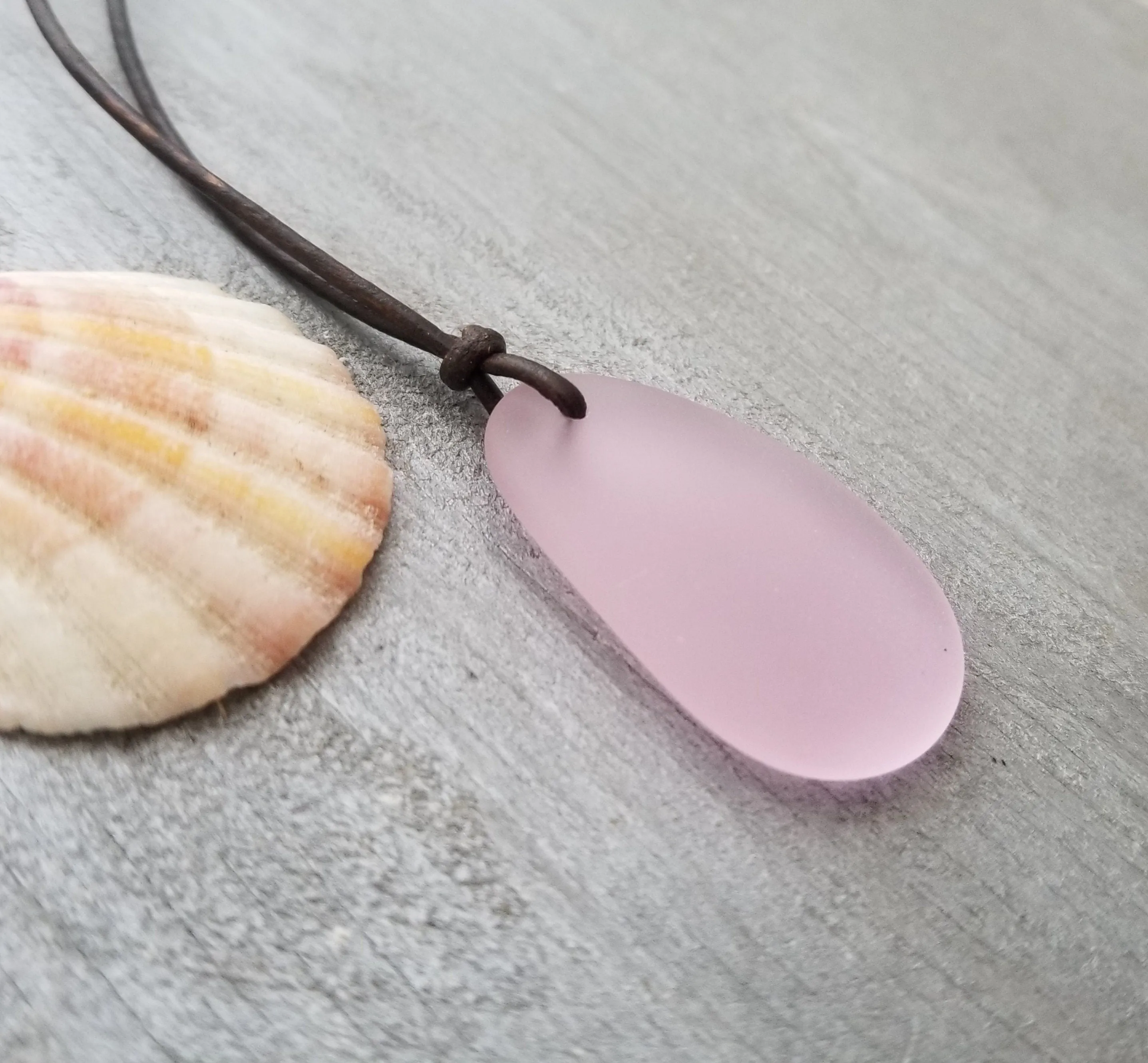 Hawaiian Jewelry Sea Glass Necklace, Pink Necklace Leather Cord Necklace, Unisex Sea Glass Jewelry Birthday Gift(October Birthstone Jewelry)