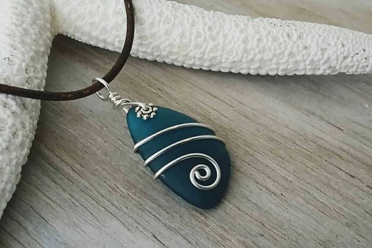 Hawaiian Jewelry Sea Glass Necklace, Teal Wire Wrapped Necklace Leather Cord Necklace Unique Necklace Beach Jewelry Unisex Sea Glass Jewelry