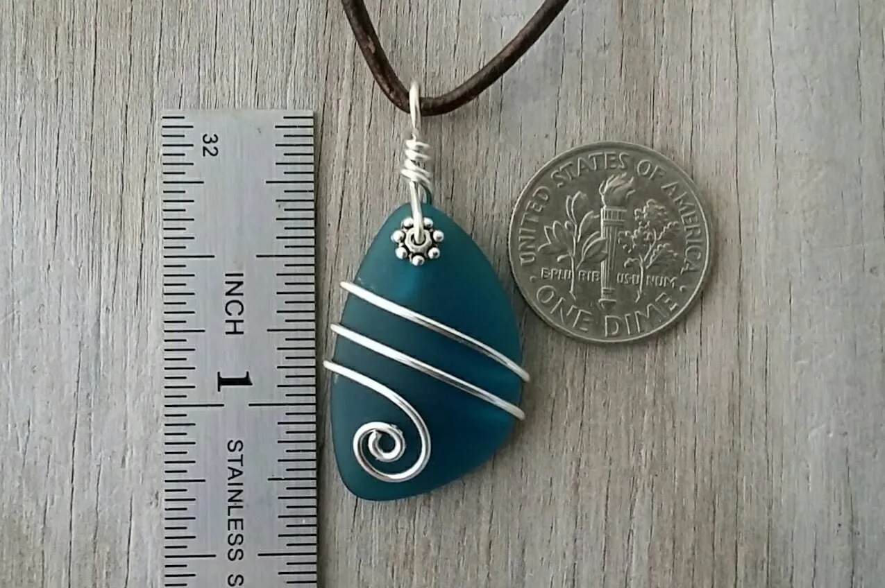 Hawaiian Jewelry Sea Glass Necklace, Teal Wire Wrapped Necklace Leather Cord Necklace Unique Necklace Beach Jewelry Unisex Sea Glass Jewelry