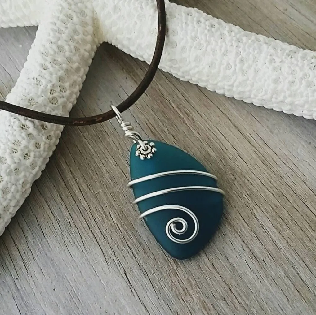 Hawaiian Jewelry Sea Glass Necklace, Teal Wire Wrapped Necklace Leather Cord Necklace Unique Necklace Beach Jewelry Unisex Sea Glass Jewelry