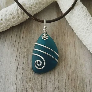 Hawaiian Jewelry Sea Glass Necklace, Teal Wire Wrapped Necklace Leather Cord Necklace Unique Necklace Beach Jewelry Unisex Sea Glass Jewelry