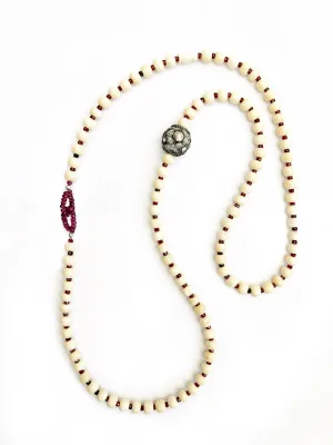 Huge Diamond Bead & Garnet Creamy Mala Necklace