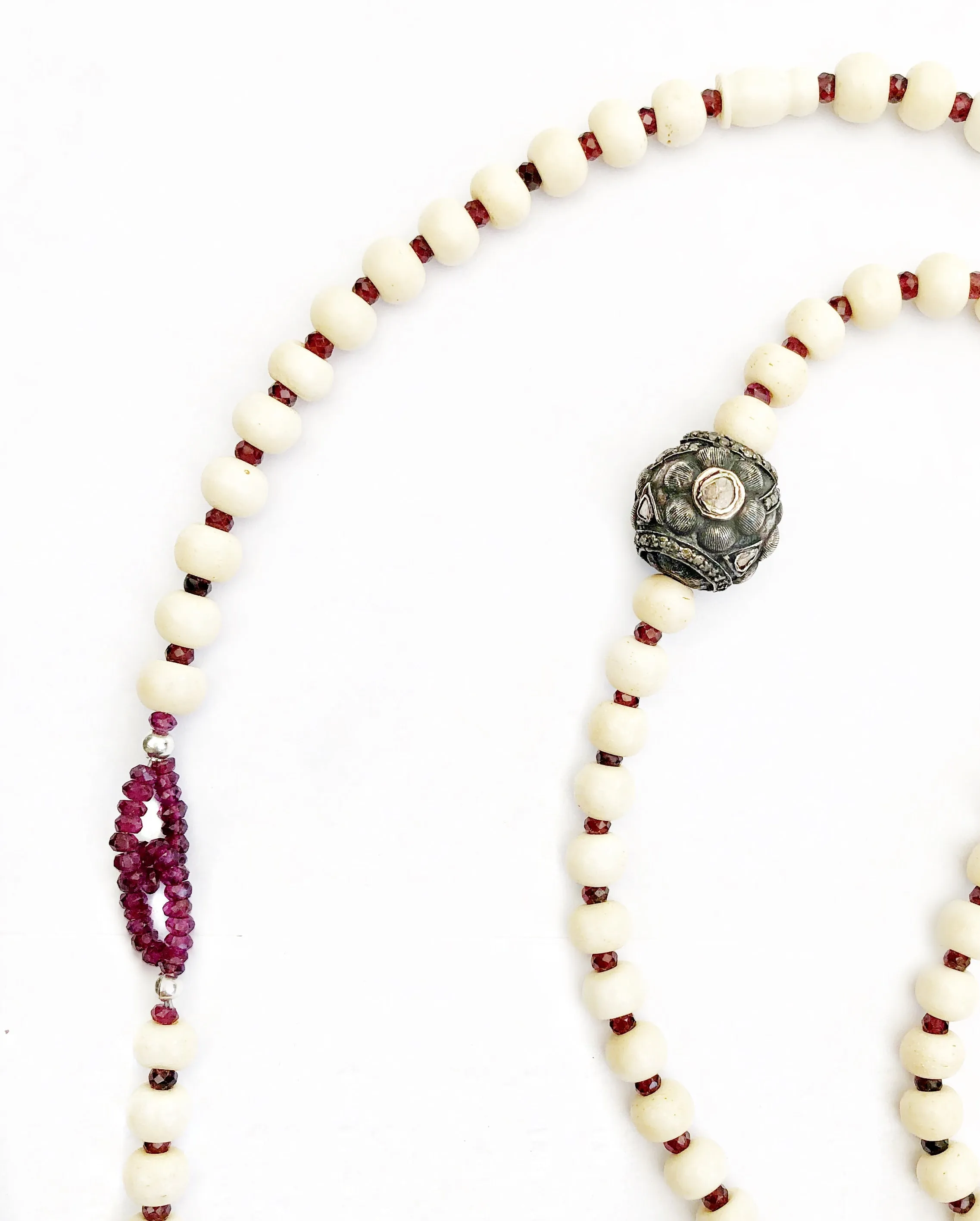 Huge Diamond Bead & Garnet Creamy Mala Necklace