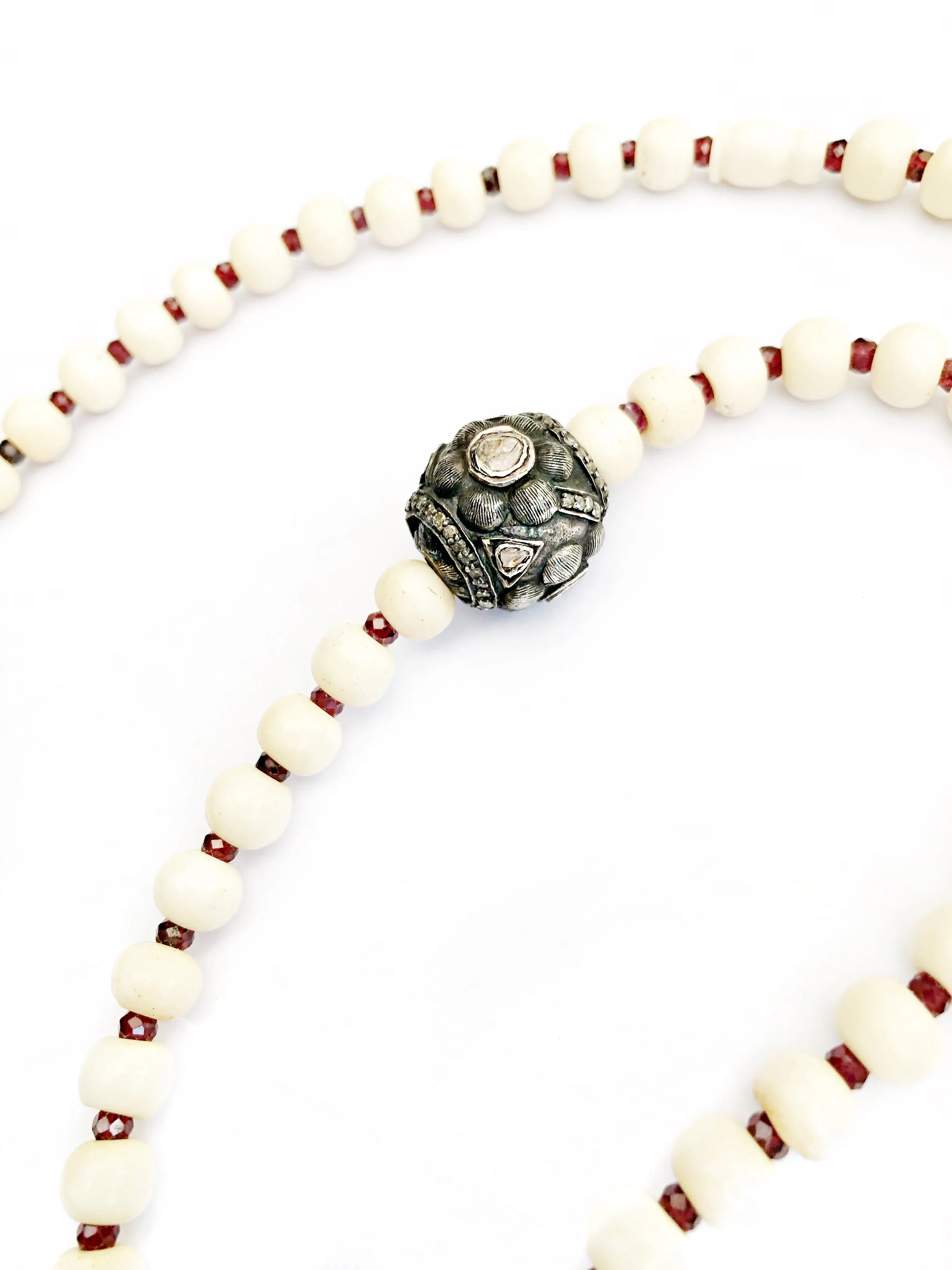 Huge Diamond Bead & Garnet Creamy Mala Necklace
