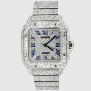 Iced Out Cartier Santos 35mm Medium Blue Watch 15.5ct.