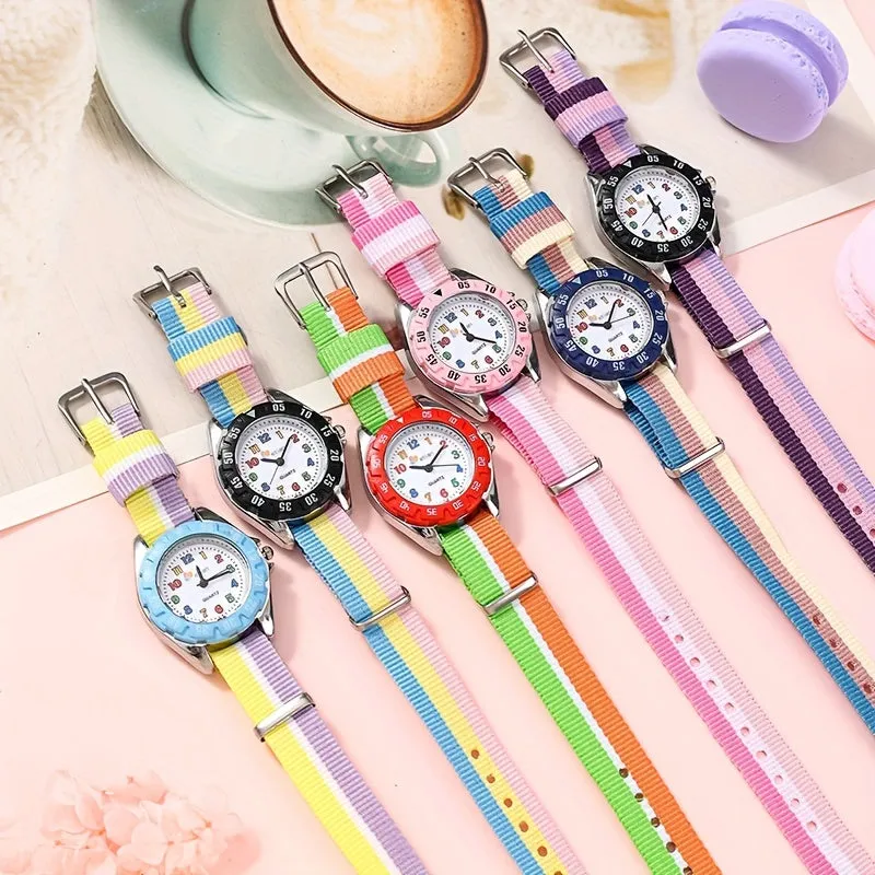 Kids Watch Cartoon Fashion Cute Color Block Quartz  Analog Canvas Strap Wrist Watch For Daily Use Boys Students FS