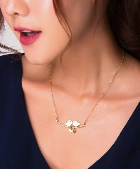 Kissing Bird Pendant and Leaf Necklace