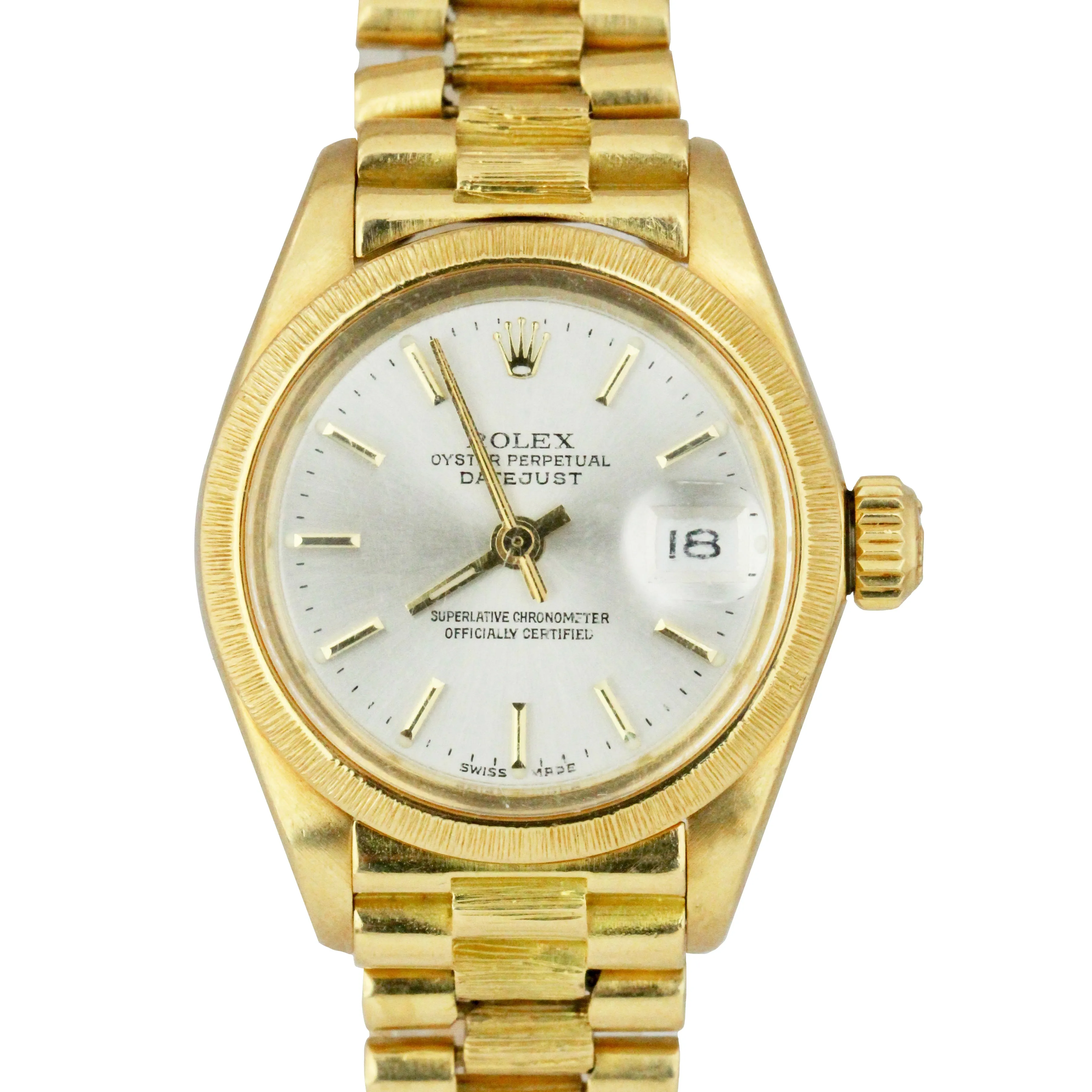 Ladies Rolex DateJust 26mm Silver Stick 18K Yellow Gold 6827 Watch President