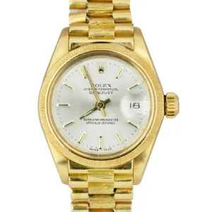 Ladies Rolex DateJust 26mm Silver Stick 18K Yellow Gold 6827 Watch President