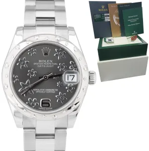Ladies Rolex DateJust 31mm Diamond Rhodium Flower Oyster 178344 Stainless Watch