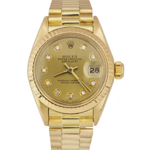 Ladies Rolex DateJust President Champagne Diamond 18K Yellow Gold 6917 Watch