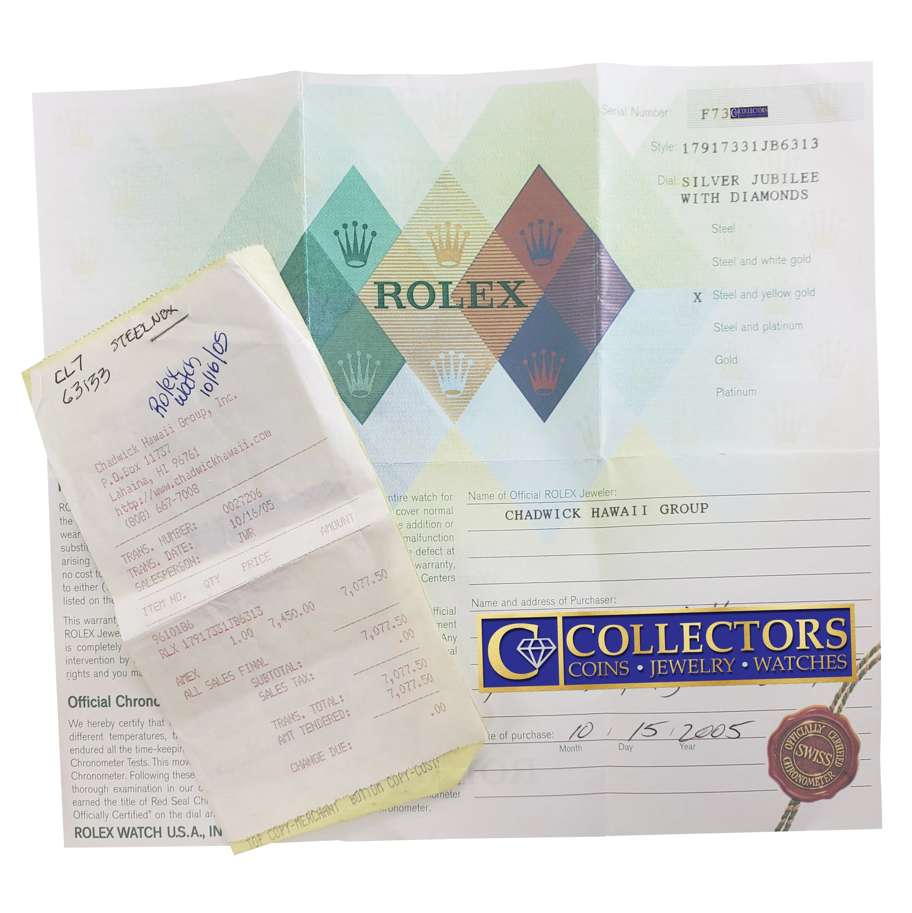 Ladies Rolex DateJust Two-Tone Gold 26mm Silver Diamond Jubilee Watch 179173 B P