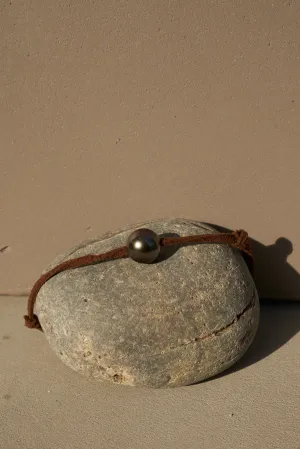 Leather Bracelet Tahitian Bora Bora Black Pearl Brown