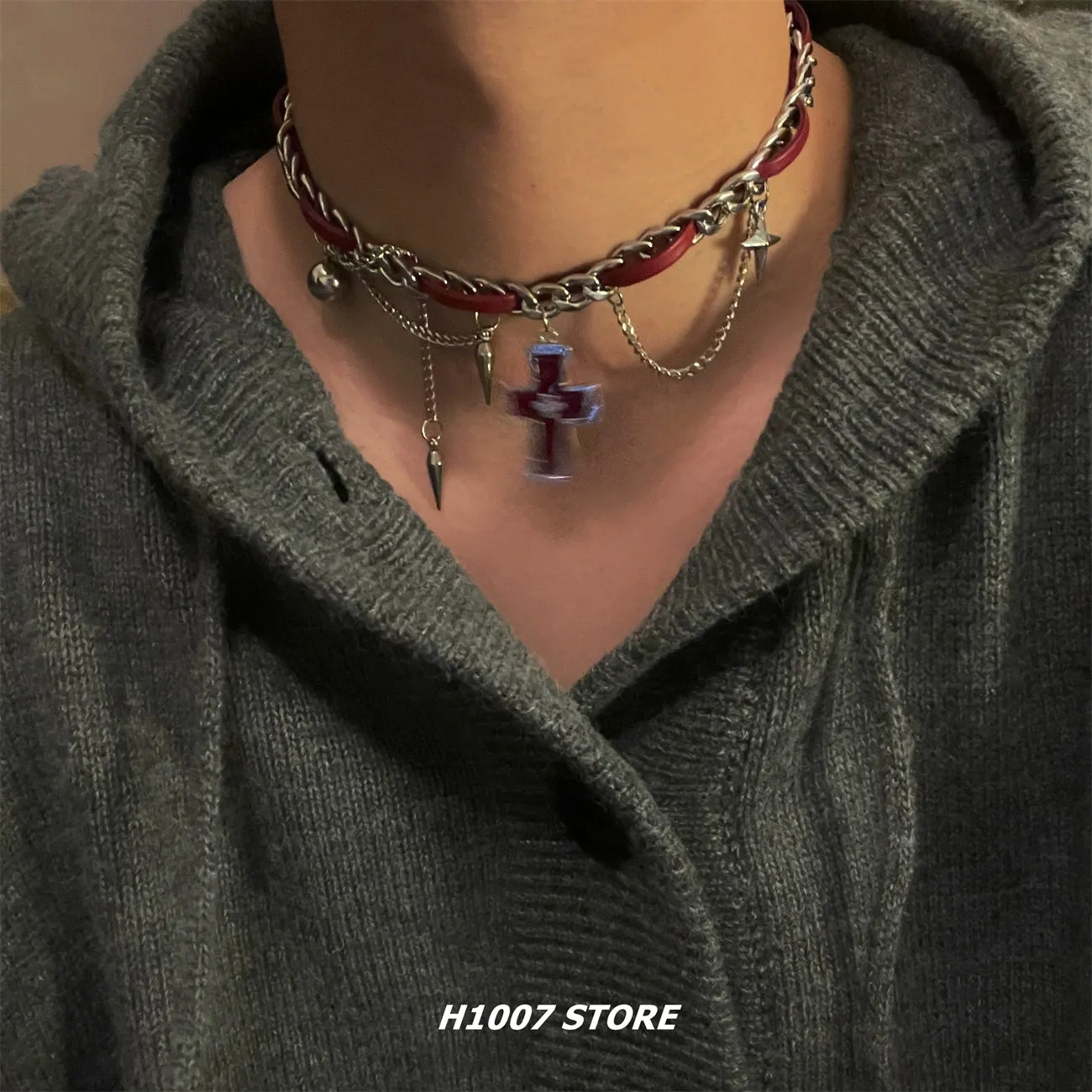 Leather Cross Chain Choker