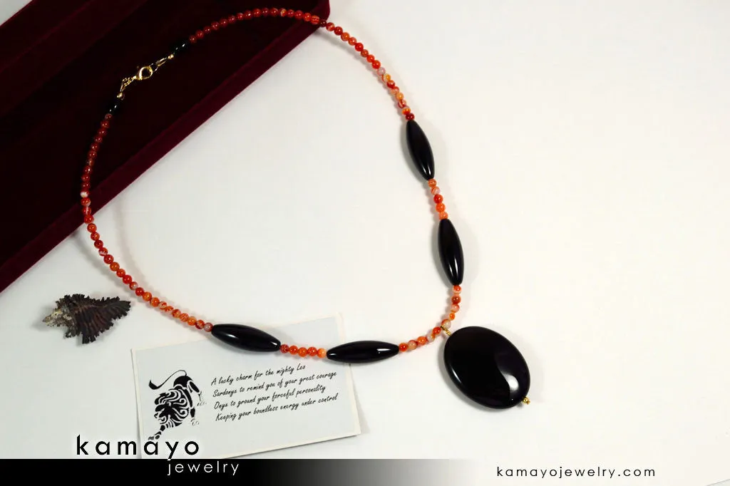LEO NECKLACE - Large Black Onyx Pendant and Sardonyx Beads