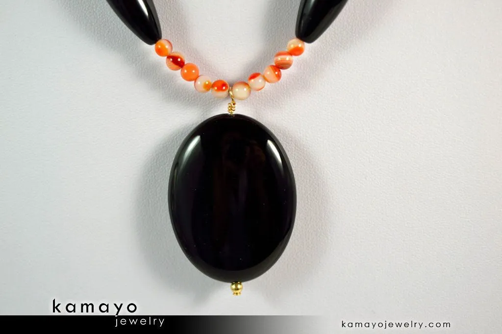 LEO NECKLACE - Large Black Onyx Pendant and Sardonyx Beads