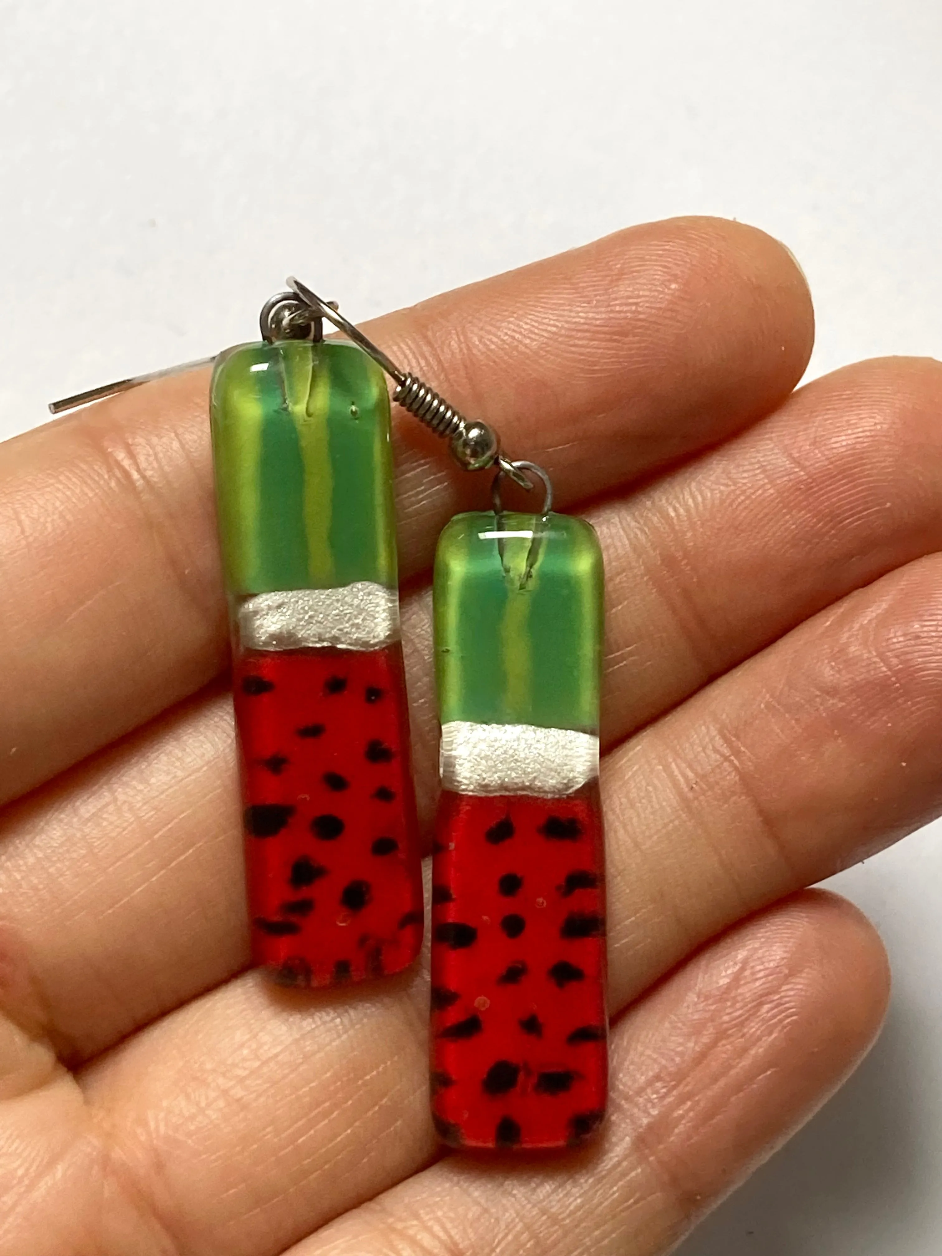 Long ‘Watermelon’ Recycled Fused Glass Dangling earrings