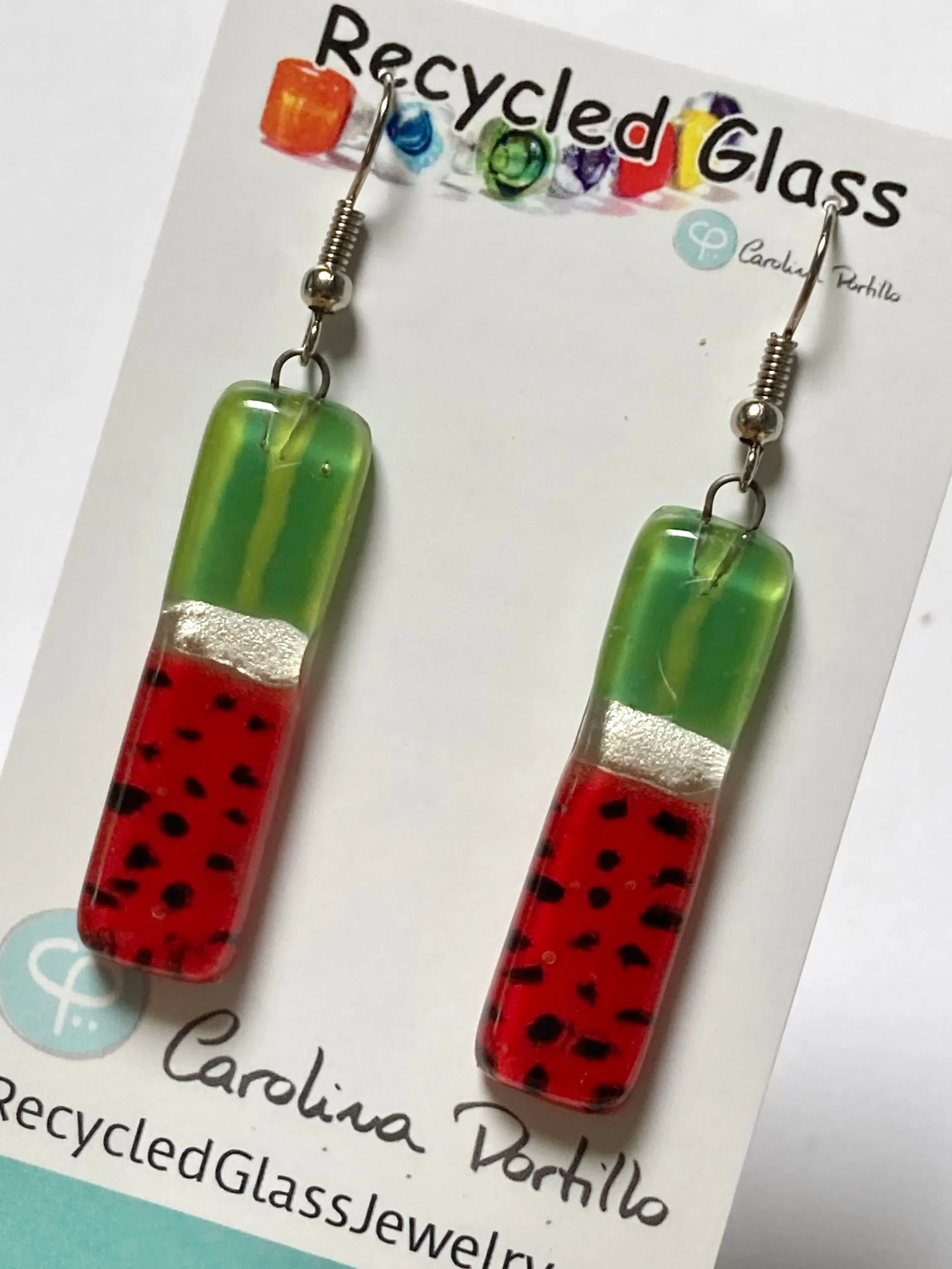 Long ‘Watermelon’ Recycled Fused Glass Dangling earrings