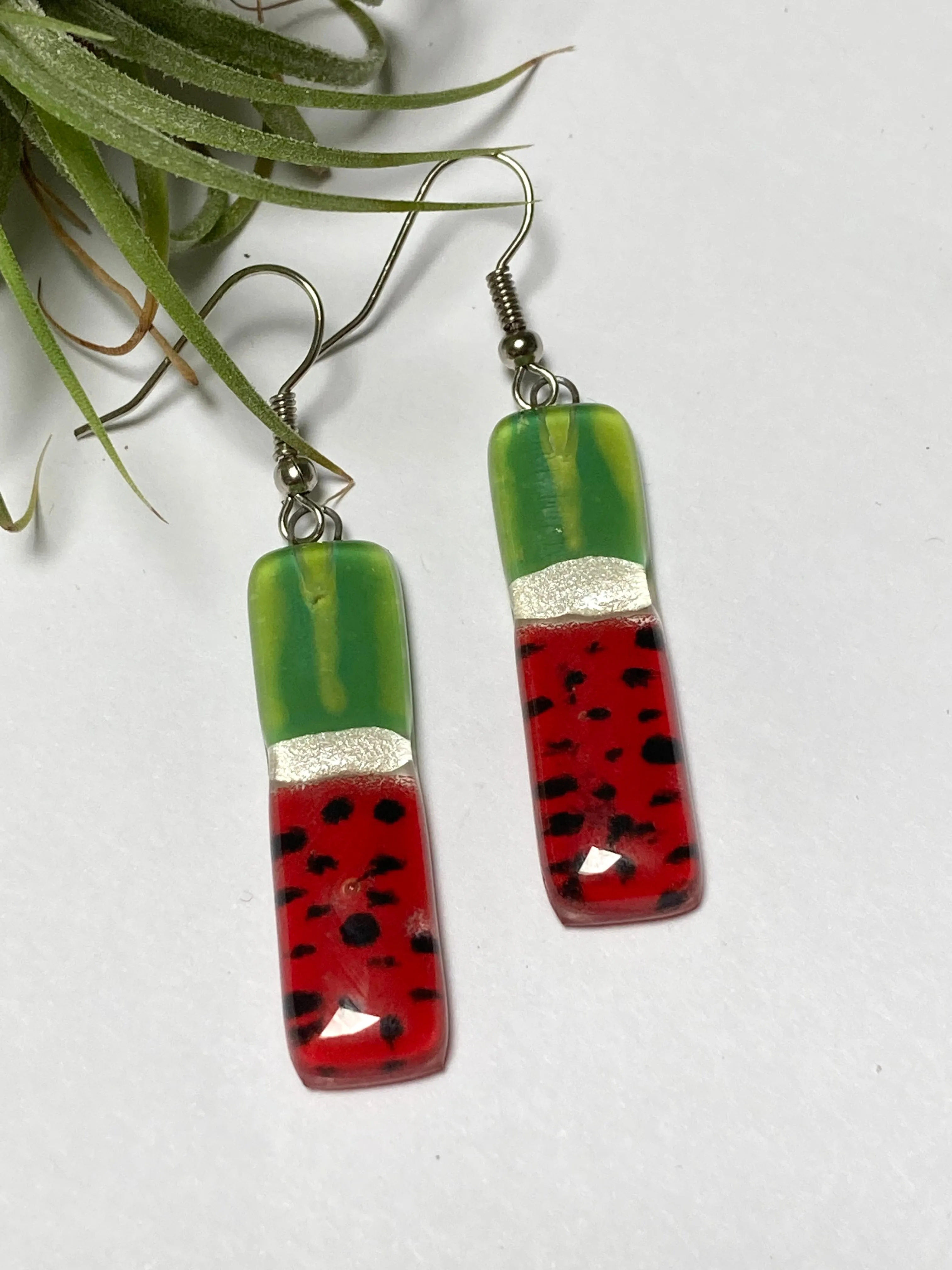 Long ‘Watermelon’ Recycled Fused Glass Dangling earrings