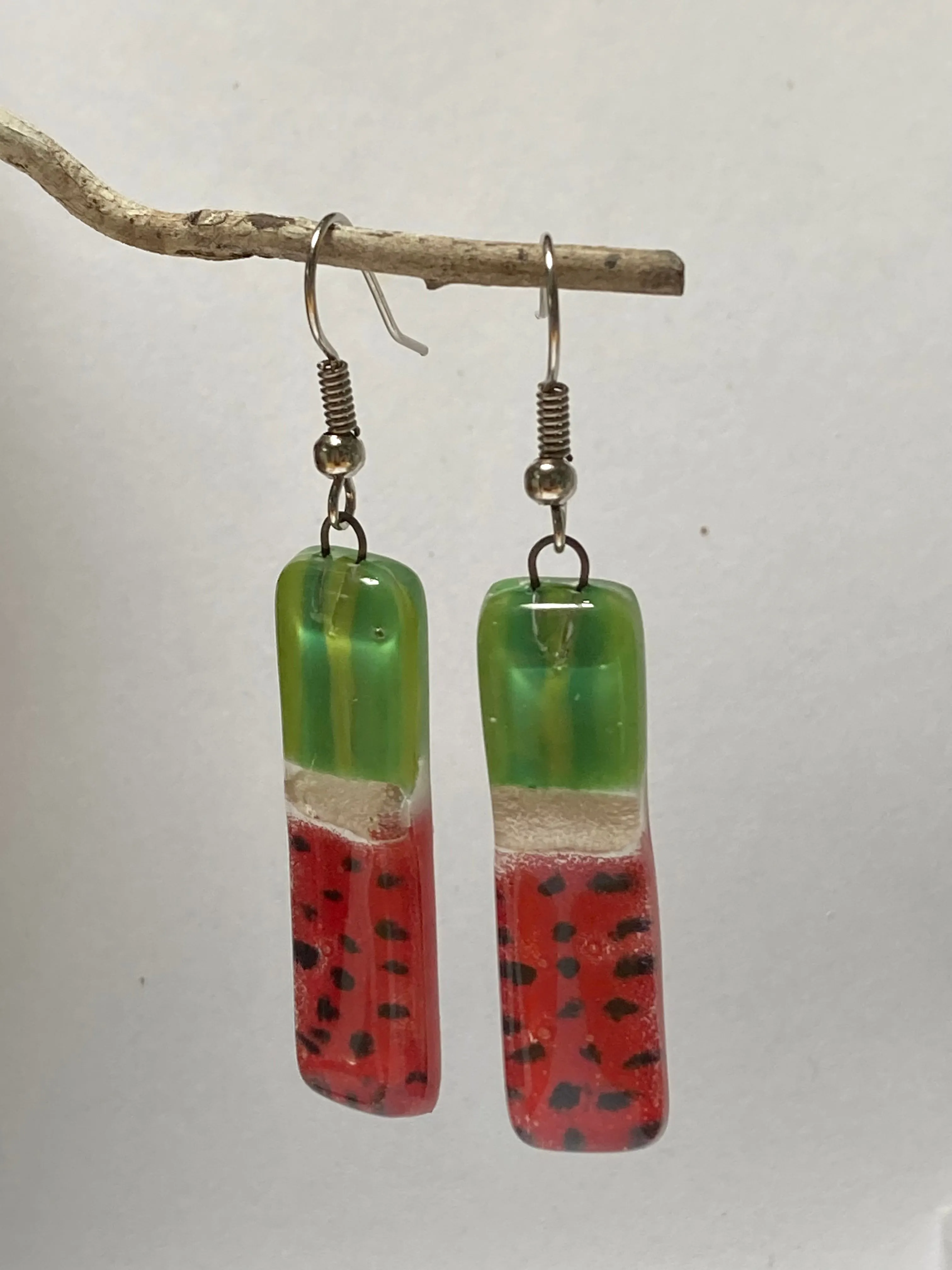 Long ‘Watermelon’ Recycled Fused Glass Dangling earrings