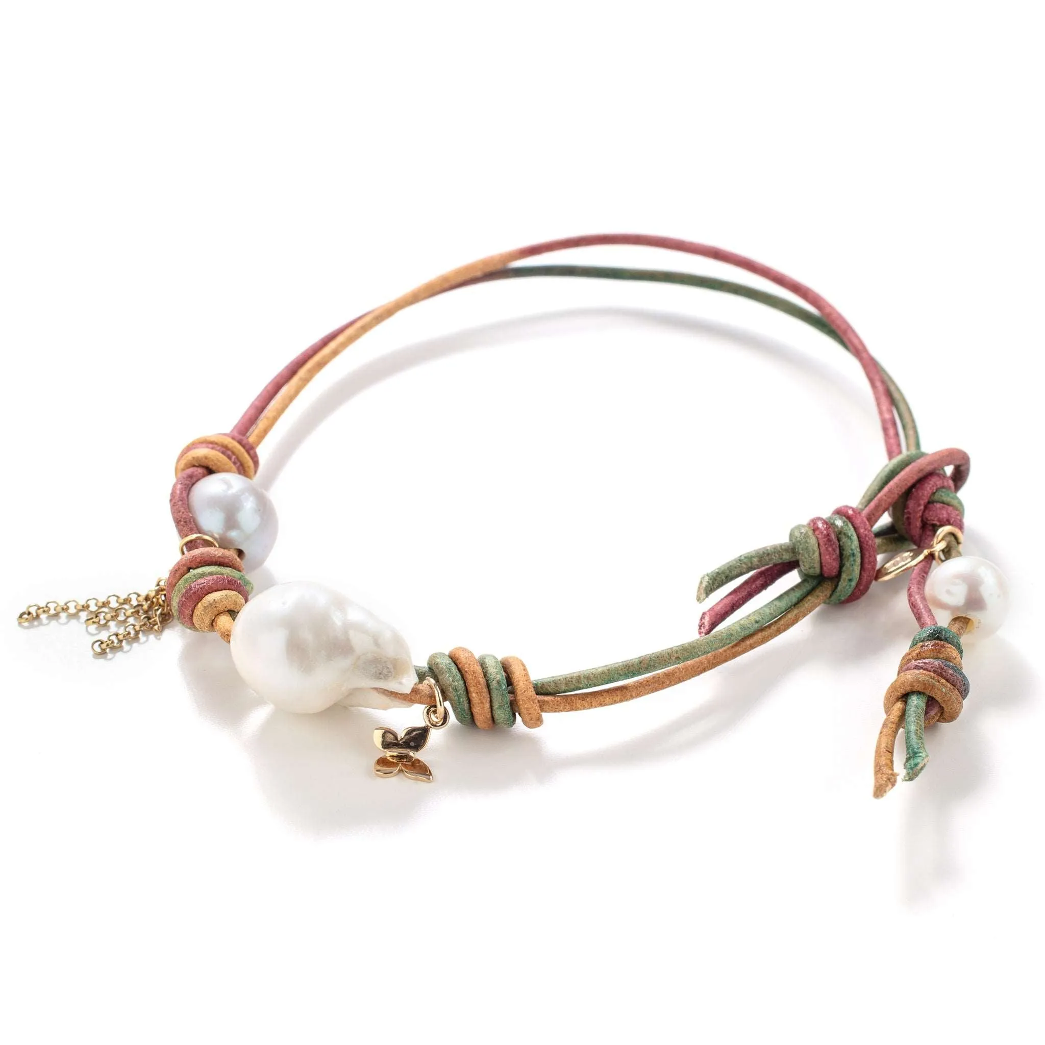 Magic Garden Baroque Pearl Gold Butterfly Chain Leather Anklet